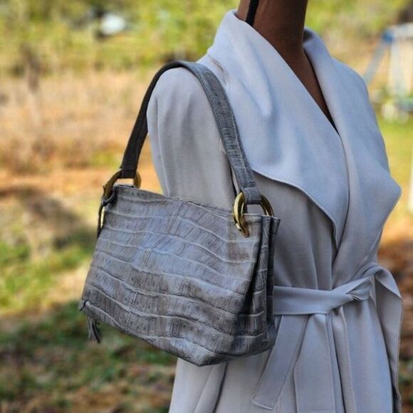 FURLA Croc Embossed Grey Genuine Leather Handbag Shoulderbag, Pre-owned - Picture 2 of 12